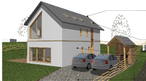 This is the view from the South East.You can see the woodshed/bikeshed behind where we'll put our twin prius cars (!! -dont expect there will be the money left to buy two new cars once we have built the house!)